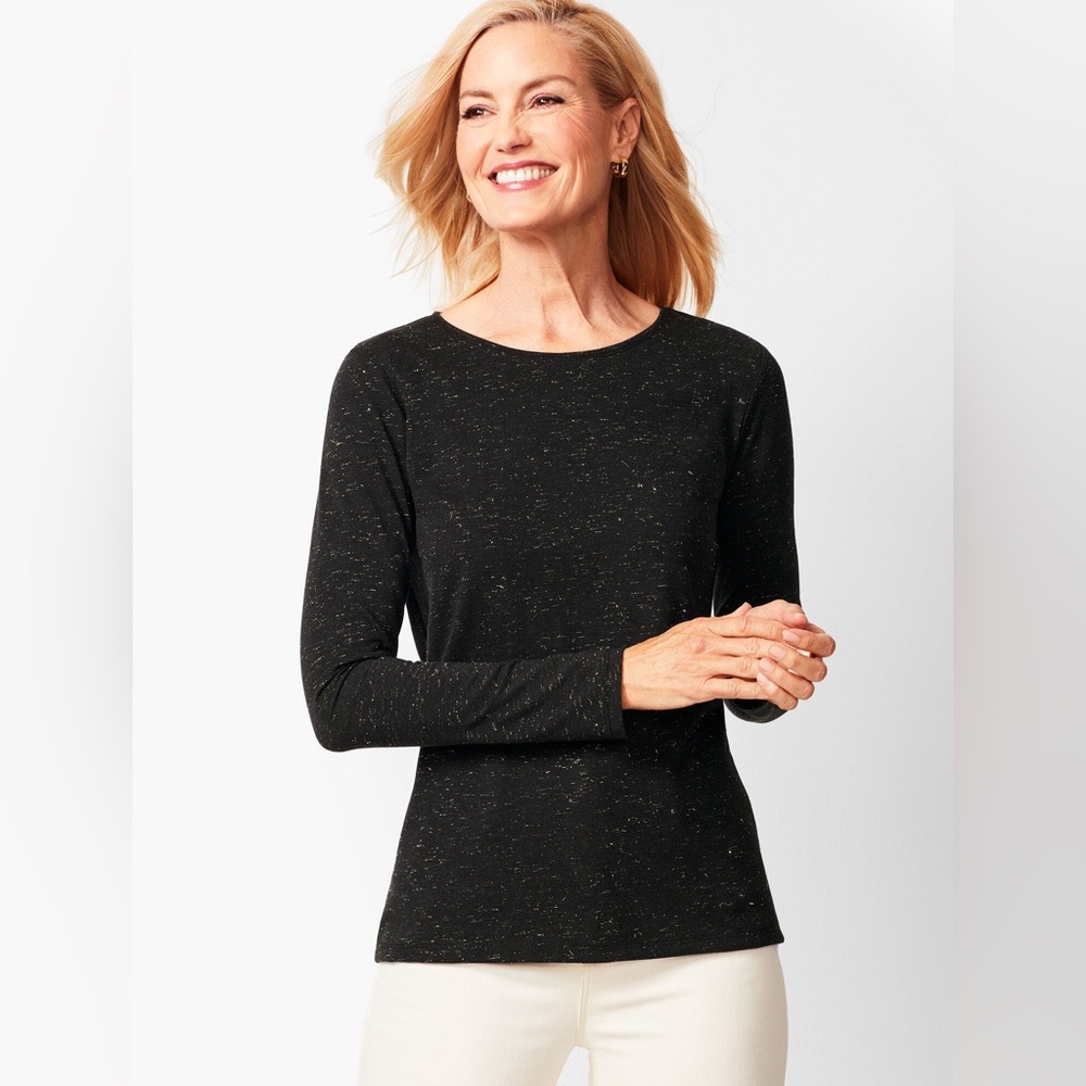 NEW Talbots Woman Long-Sleeve‎ Shimmer Crewneck Tee Black/Gold 3X Hip Length
